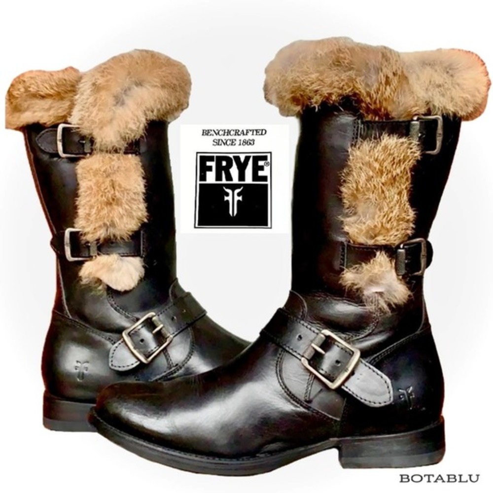 FRYE Vintage Jamie Luxe Rabbit Fur Buckle Zip Black Biker Moto Winter Boots